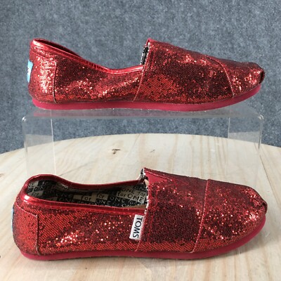 Toms Shoes Youth Classic Slip On Flats Glitter Comfort Red Canvas  Casual