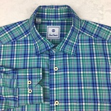 David Donahue Mens Dress Shirt Large Blue Green Plaid Long Sleeve Cotton