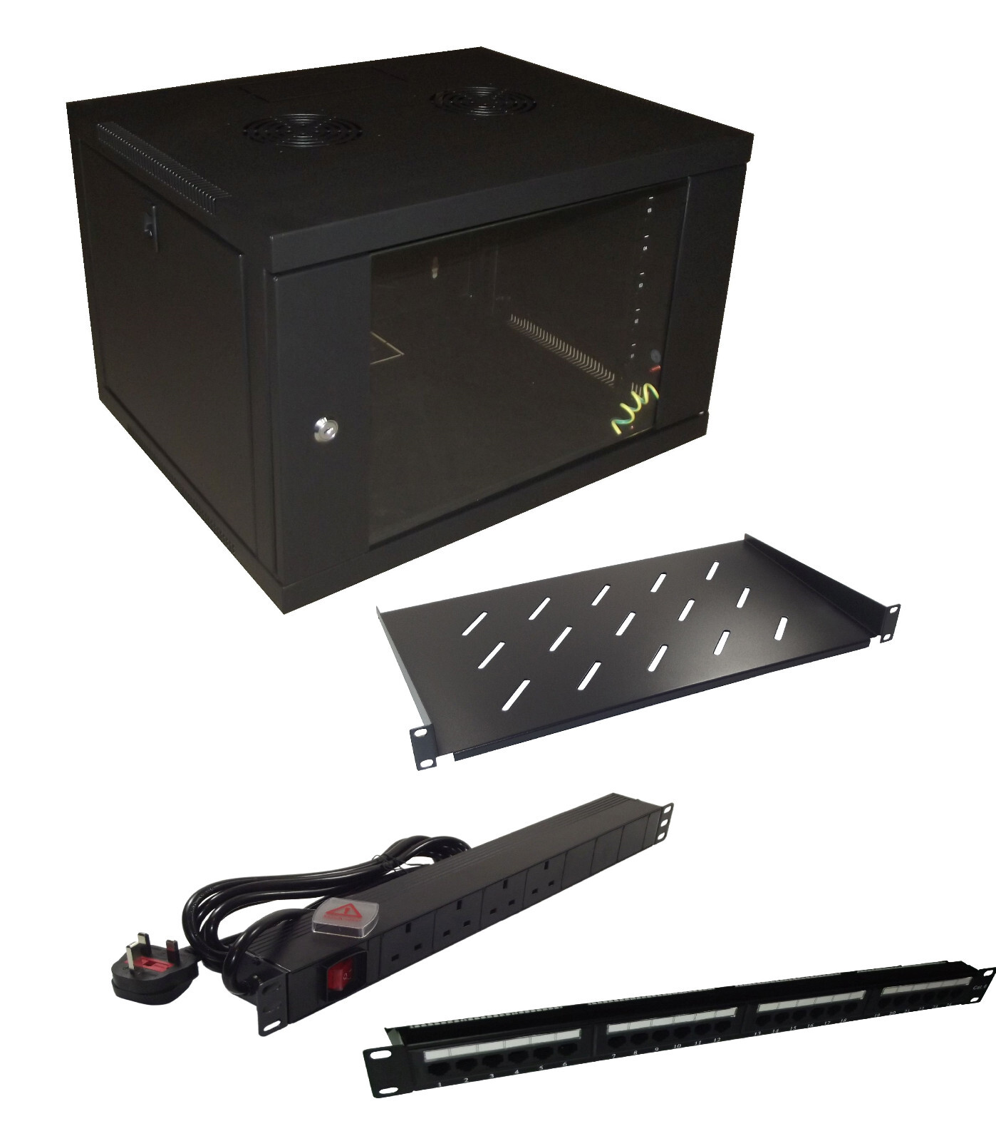 6u 450mm Deep WALL MOUNT 19"" CABINET + 24 Port CAT6 PANEL + 4 way PDU + SHELF