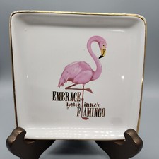 Flamingo Edged In Gold Trinket Tray Dish "Embrace Your Inner Flamingo" 5" x 5"