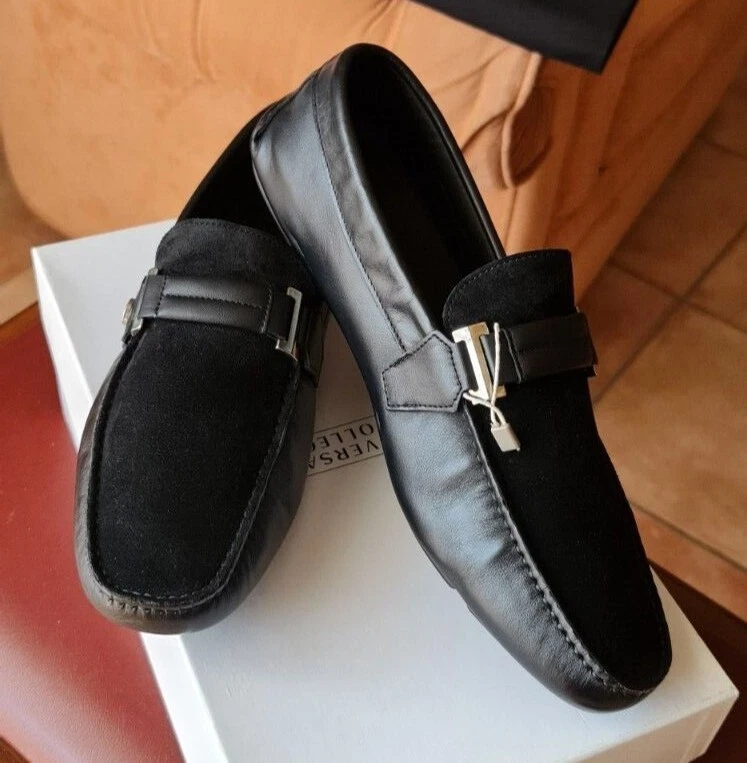 MOCASINES ZAPATOS VERSACE GAMUZA CUERO NUEVOS ORIGINALES NEGROS TALLA 43