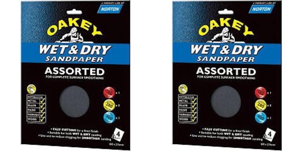 2x Oakey Metal Filler Paint Varnish Wood Wet & Dry Sandpaper - 4x Assorted