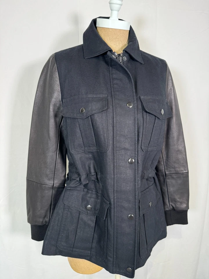 New Club Monaco Black Lamb Leather and Canvas Cargo Chore Jacket Pockets Sz S - Image 2 of 4