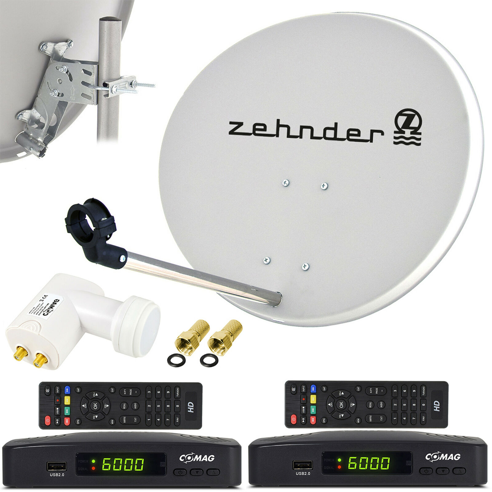 Zehnder SAT Anlage 60cm Spiegel 2 Comag HDTV HD RECEIVER Twin LNB 2 Teilnehmer