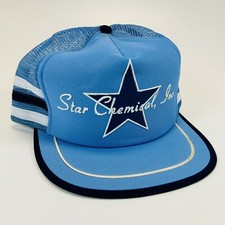Vintage STAR CHEMICAL Inc. Trucker SnapBack Hat Blue 3 Stripes Made In USA Mesh