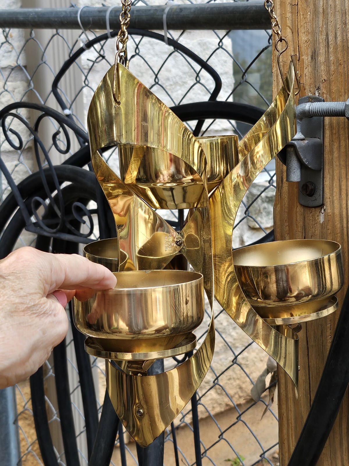 Mid Century Modern Mascot Int. Brutalist Hanging Candle Holder Gold Pendant 