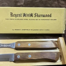 Vintage Regent Sherwood 2 piece Stainless Steel Slicing Set/Hardwood Holder/Box