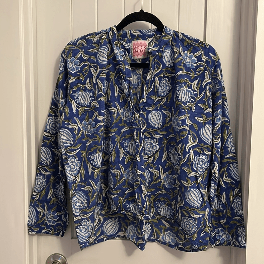 Mod Nahal Floral Print Cotton Peasant Blouse in Blue Green Size Medium