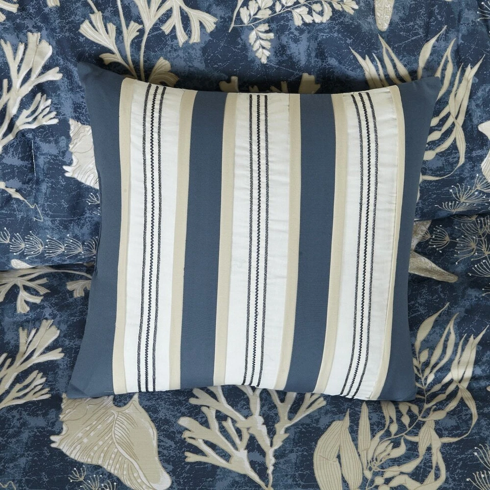 Juego de edredón de playa náutica azul beige 7 piezas de algodón cama Queen Cal King Foto 4 de 4