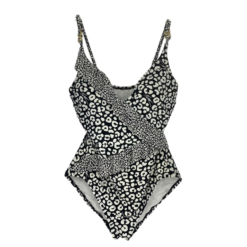 MK Michael Kors Sz 8 Black & White One Piece Swimsuit Ruffle Criss Cross Bathing - Image 2 of 4