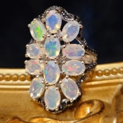 NIB Huge Ethiopian Opal & Black Spinel Sterling Silver Statement Ring Sz 7 - Picture 3 of 8
