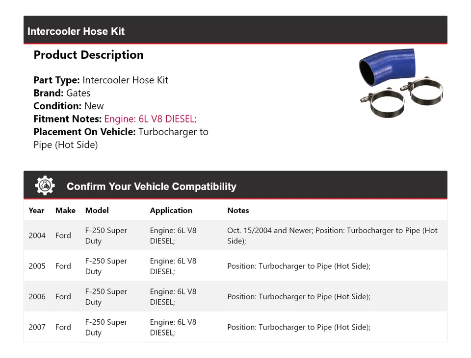 Kit de manguera intercooler puertas 2005 2006 para Ford F-250 Super Duty 2004-2007 Foto 2 de 3