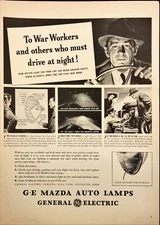1942 GE Mazda Auto Lamps War Workers Driving at Night WWII Vintage Print Ad