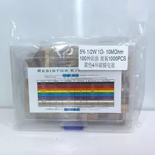 1/2W 5% 1000pcs Carbon Film Resistors Kit 100 values 1R-10MR Mixed Resistors 