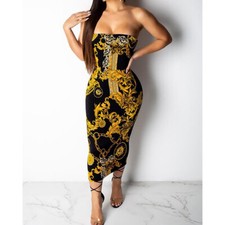 New Sexy Fashion Women Gold Chain Print Sleeveless Backless Slim Dress Vestido