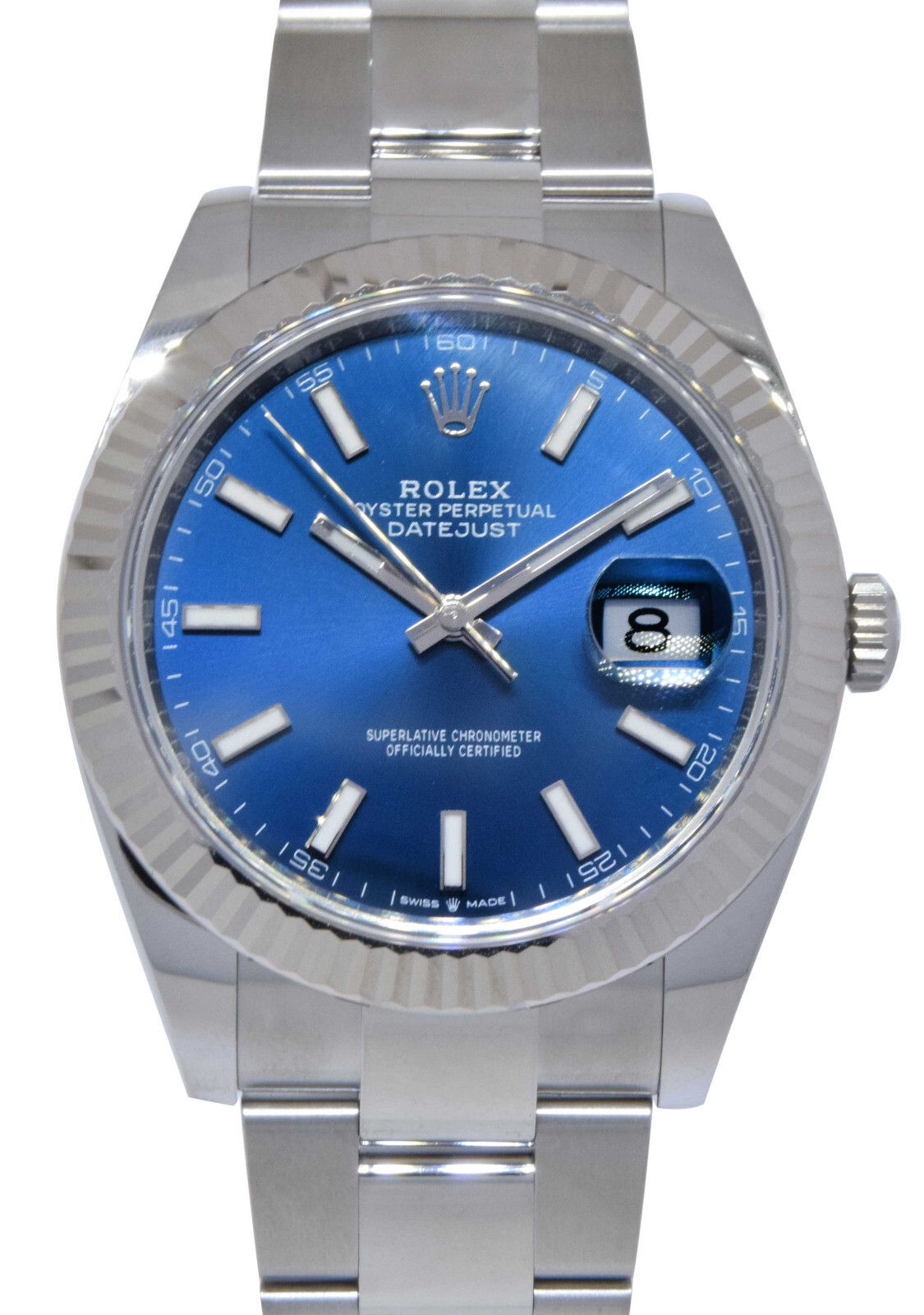 NOS Rolex Datejust 41 Steel & 18k White Gold Bezel Blue Dial Watch BP '21 126334