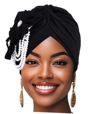 Pearl Flower African Hats Pre-Tied Turbans Stretchy One Size-Large Black