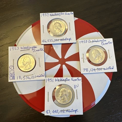 1951 Silver Washington Quarter 1953,1957 & 1958-D All Silver Quarters. BU
