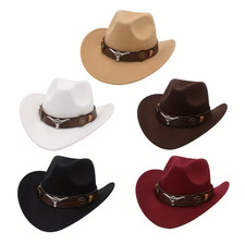 Brown Western Cowboy, Cowgirl Hat, Bull Horns Strap, Men Women Retro Wide Brim