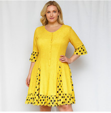 Jerry T Womens Stretchy Yellow shirt Dress size 2X NWT polka dot fringe trim