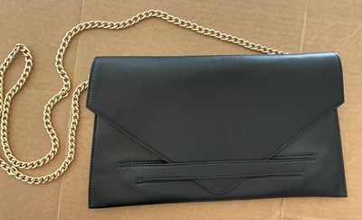 Alberta Di Canio Black Envelope Clutch Purse with chain - genuine leather 