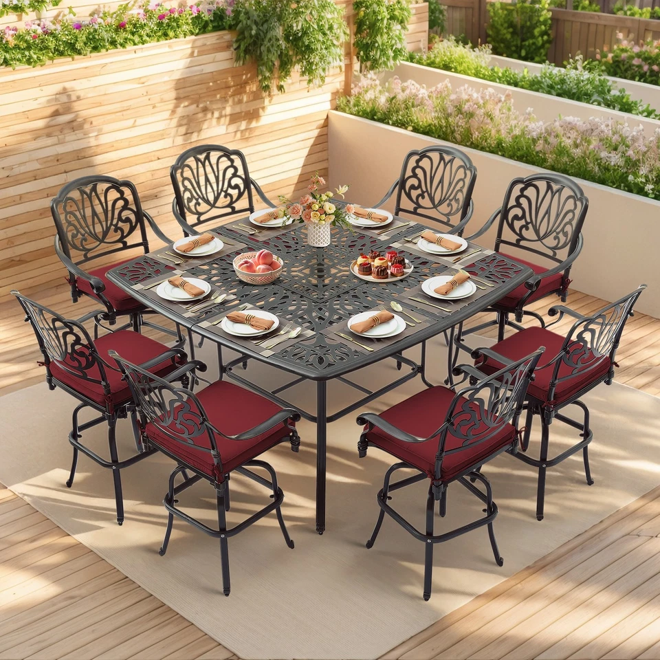 Juego de comedor alto grande de aluminio fundido para exteriores de 9 piezas mesa de patio y taburetes de bar giratorios Foto 2 de 4