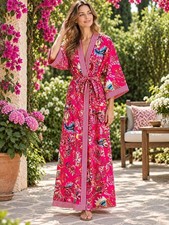Pink Kimono Cover Up Robe Indian Cotton Boho Bridal Gift Peacock Print Robe