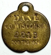 Dane County Wisconsin Dog Tag License 2213 1924 Brass