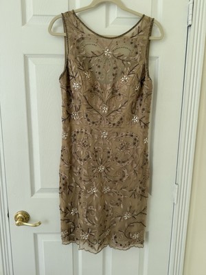 SUE WONG NOCTURNE Size 12 Champagne Beaded Illusion Cocktail Dress