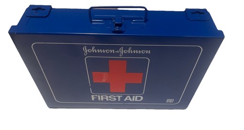 Kit pronto soccorso Johnson & Johnson vintage da parete scatola metallo blu 8161 blu - Foto 7 di 12