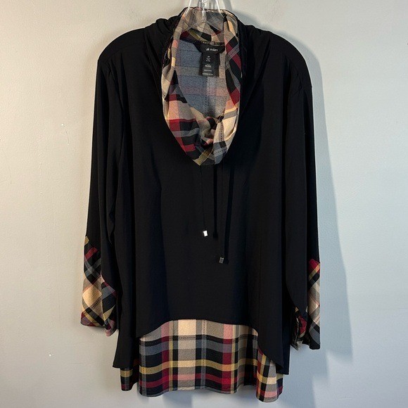 Ali Miles Womens Cowl Neck Hi-Low Plaid Combo Knit Tunic Size 2X Lagenlook Cabin
