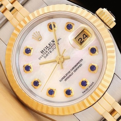 ROLEX Damen Datejust 69173 Uhr Weißes Perlmutt Saphir 18K Gold Stahl