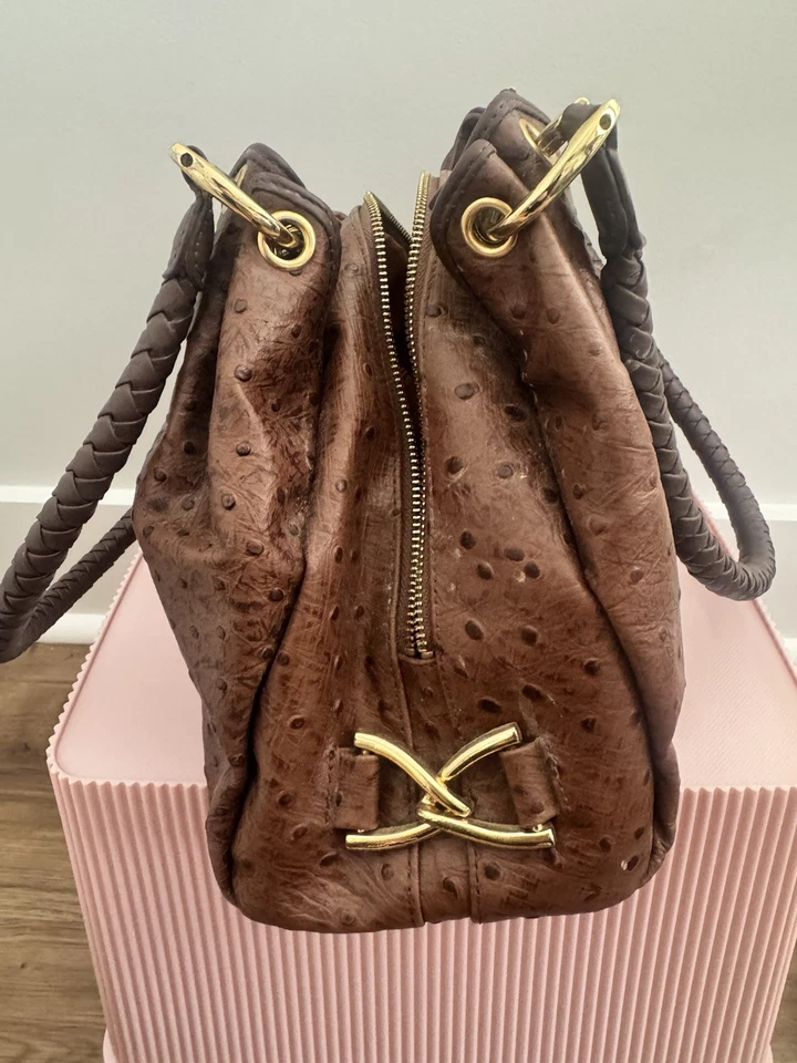 Isabella Adams Ostrich Embossed Leather Purse Hand Bag Shoulder Carry Tote - Image 3 of 4