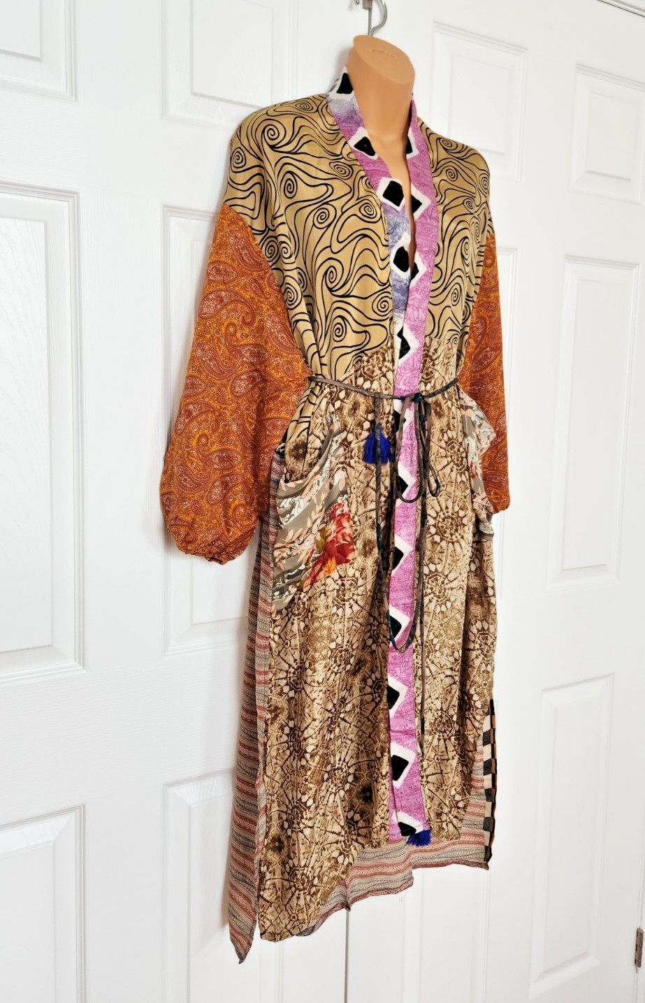 GURU MULTICOLOR SILK PATCHWORK KIMONO BELTED ROBE… - image 2