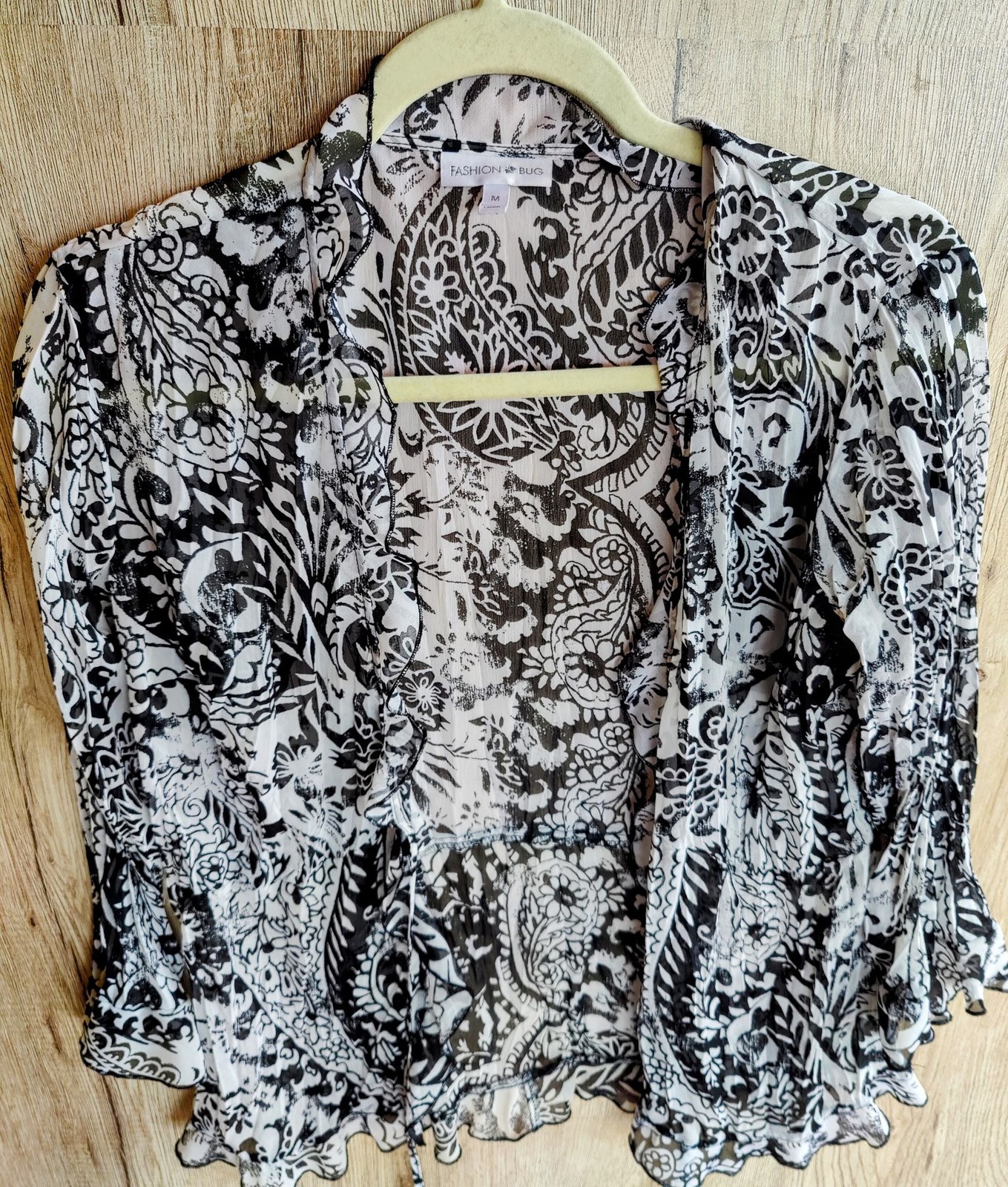 Y2K Vintage tie shirt Womens M Black White Sheer Paisley Tie Front Ruffle image 2