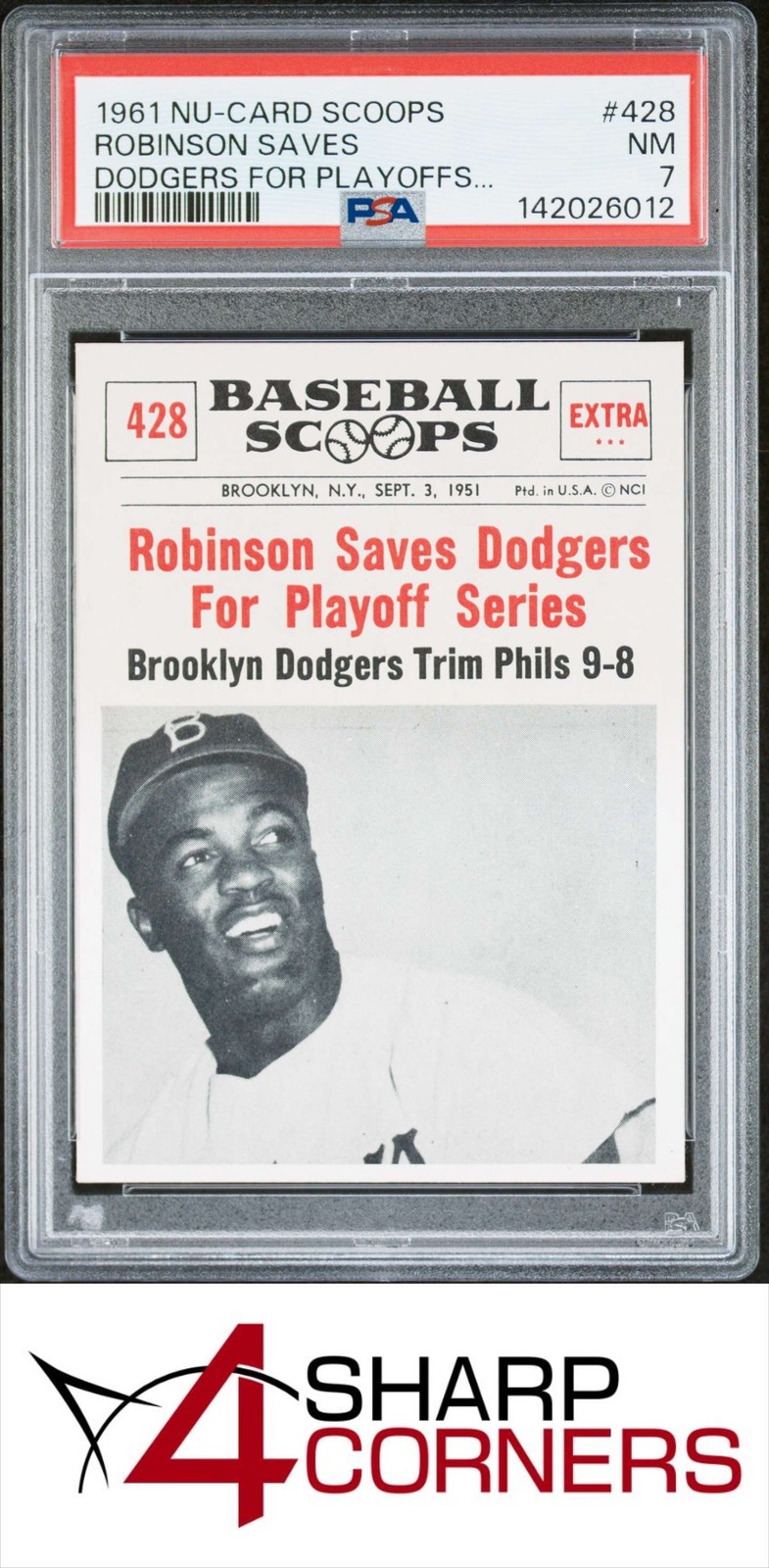 1961 NU-CARD SCOOPS #428 JACKIE ROBINSON SAVES DODGERS FOR PLAYOFFS PSA 7