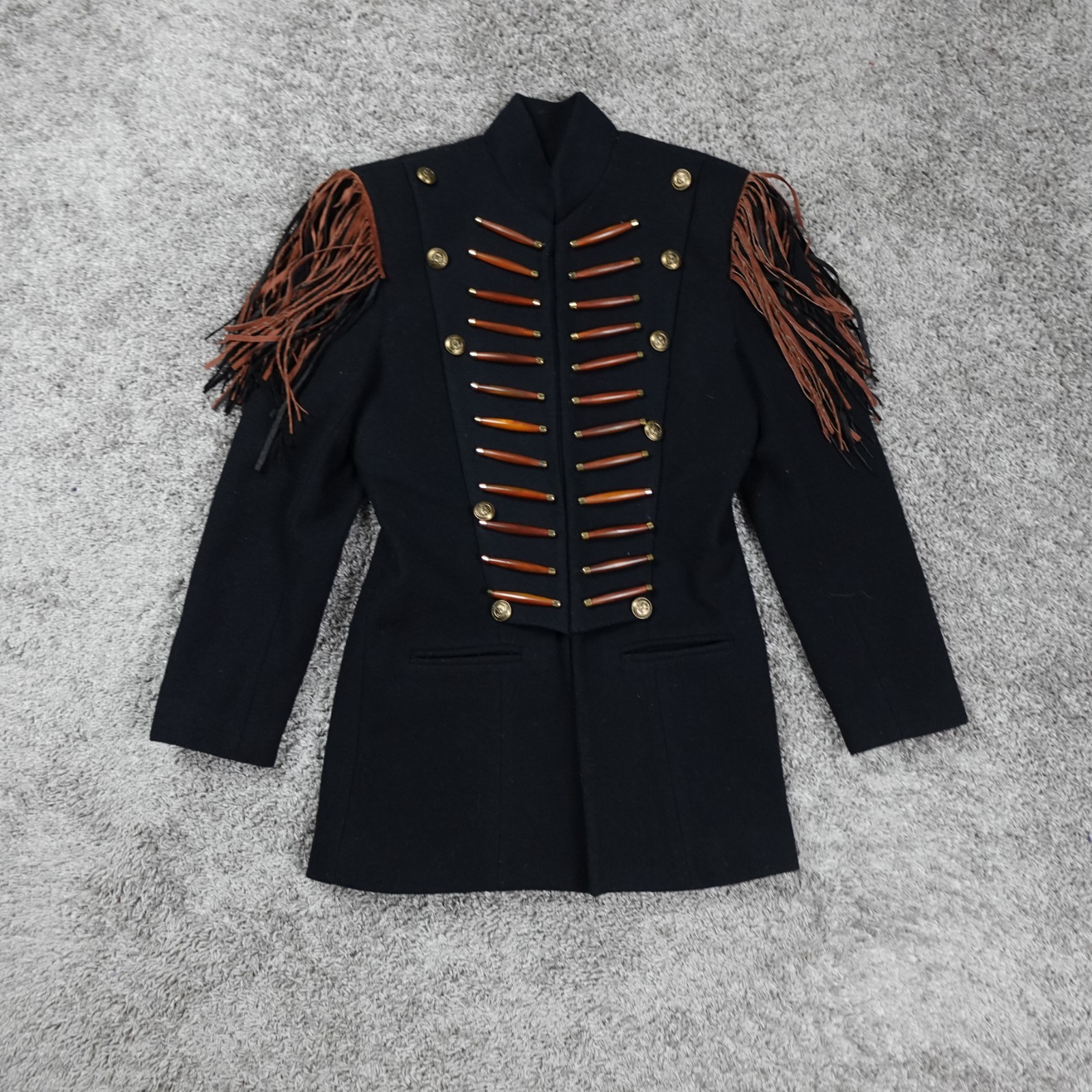 Double D Ranch Wear Military Coat Size Medium Pigskin Fringe HornBone RARE Wool