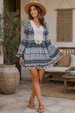 Altar'd State Dress Short SZ S Elastic Waist, Crocheted Trim, Flared sleeve Boho