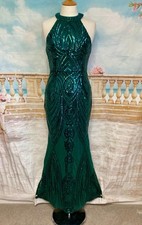 Maxi Evening Dress 10 Green Sequin Stretch Quiz Ballgown Gatsby Deco Gatsby