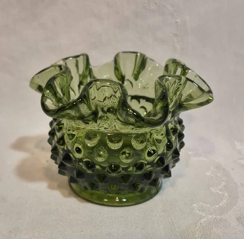 Vintage Fenton Glass Vase Rose Bowl Hobnail Colonial Green 3"