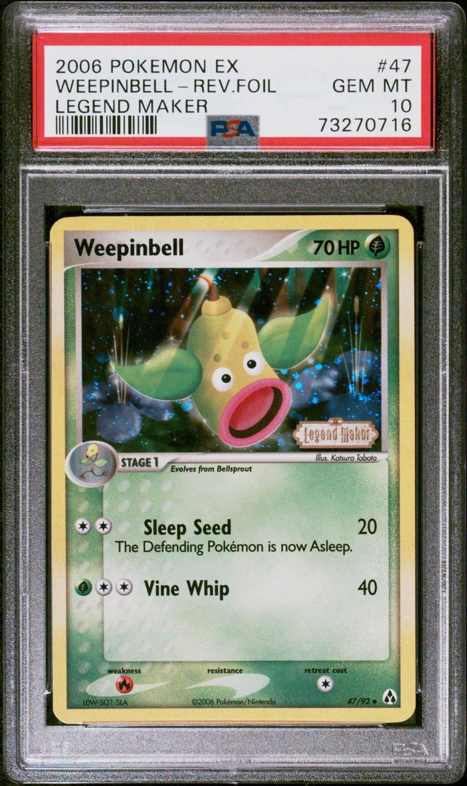2006 POKEMON EX LEGEND MAKER #47 WEEPINBELL-REVERSE FOIL PSA 10 POP 4 / SWIRL