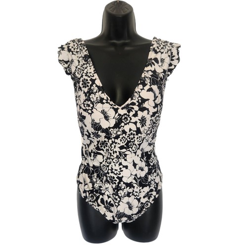 NEW Catalina Floral One Piece Flounce Sleeve Swimsuit Size XXL Black White
