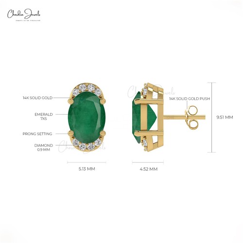 Half Halo Oval Stud 1.5 TCW Emerald & Dainty Diamond Earrings in 14k Solid Gold - Picture 5 of 22