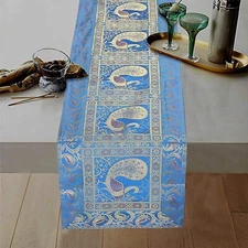 Indian Peacock Design Silk Dining Table Runner Birthday Decor Runner 16"X60"Inch
