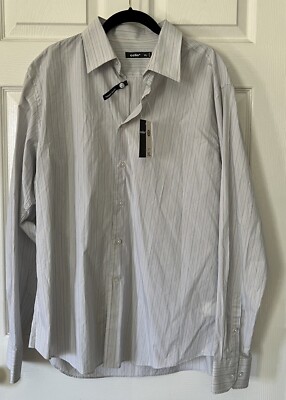 Celio Mens Shirt White Pinstriped Dress Long Sleeve Collared US 17 Slim Fit