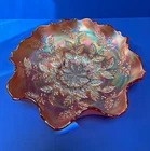 Vintage Fenton Carnival Glass Holly Berries Iridescent Amber Ruffled Candy Bowl