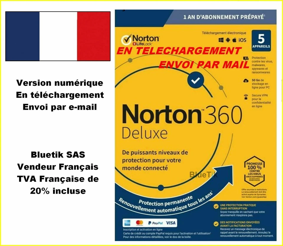 Avec CB NORTON 360 DELUXE ESD 5 Appareils 5APP 1 AN - 50GB CLOUD par email