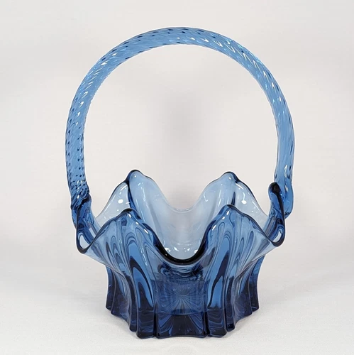 80s Fenton Blue Basket Twisted handle Handler mark R. Oliver Sr Hexagon base