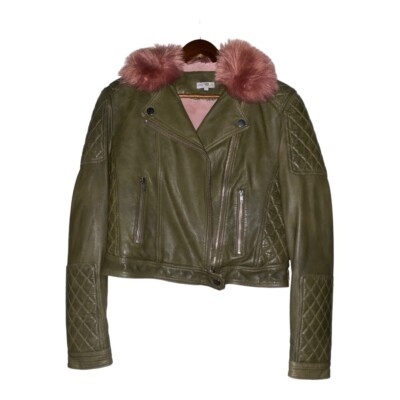 Samantha Sipos Quilted Panel Faux Fur Moto Biker Leather Jacket Women M Rock