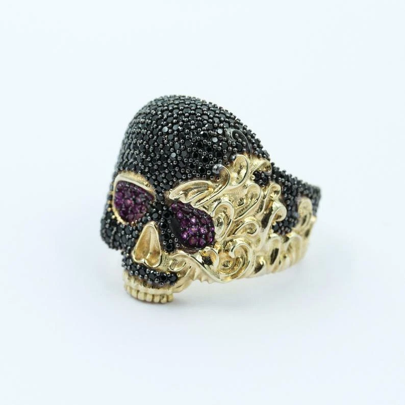Men's 2.18 ct Black & Pink Cubic Zirconia Classic Skull Ring in 925 Silver — 第 2/4 张图片